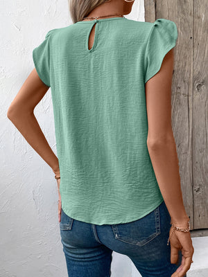 Pleated yoke flutter sleeve blouse in Gum Leaf green with keyhole back detail.