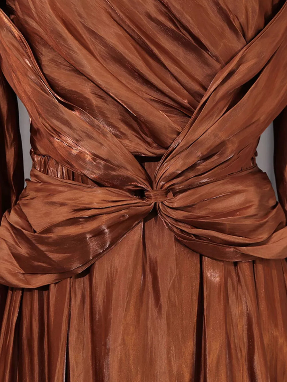 Brown ruched bodice maternity maxi dress with twisted draped detail