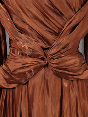 Brown ruched bodice maternity maxi dress with twisted draped detail