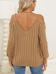 Camel cable knit cold shoulder sweater with V-neck and balloon sleeves.