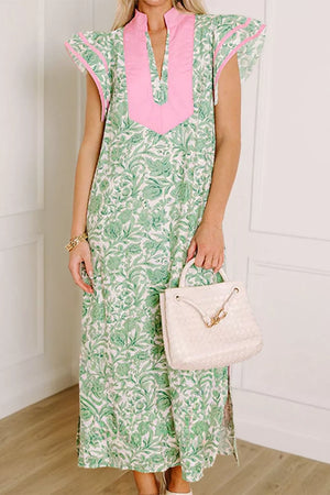 Botanical print midi dress with flutter sleeves, pink trim, and a V-neck.