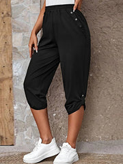 Black culottes with button details at the hip and hem, cropped length
