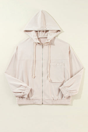 Cream corduroy bomber hoodie with relaxed fit, zip front, drawstring hood, chest pocket and elastic cuffs.