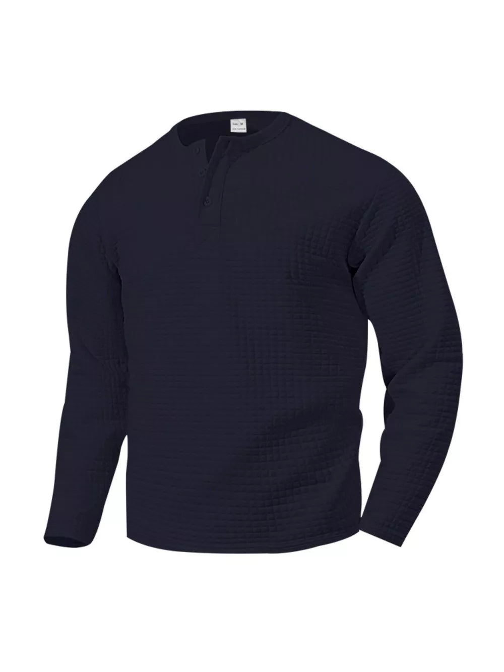 Navy blue waffle knit henley t-shirt with button placket and long sleeves.
