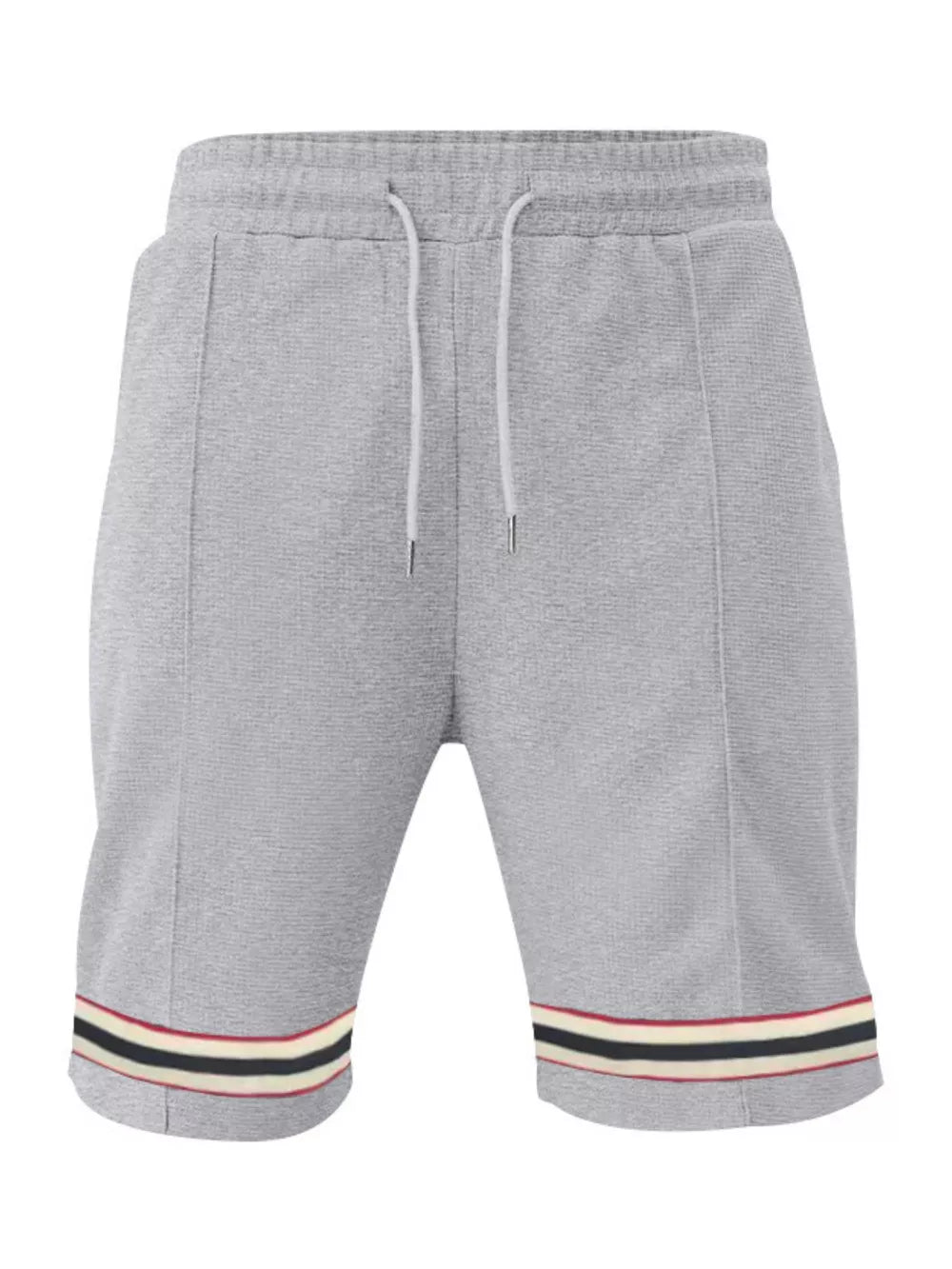 Gray textured knit drawstring shorts with striped hem detail and pockets.