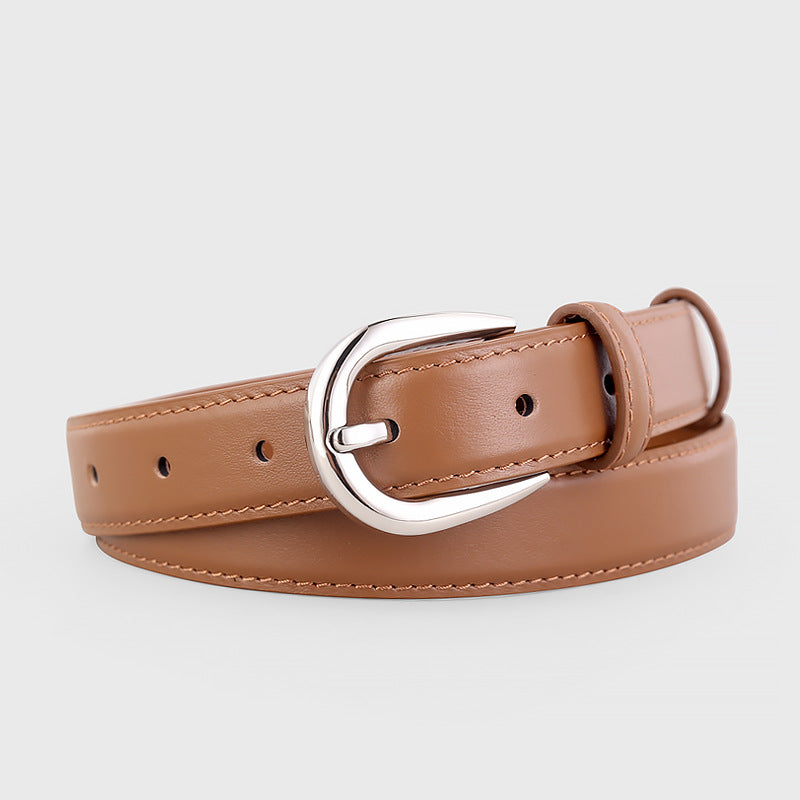 Buckle skinny leather belt in brown with silver buckle and stitched detail.