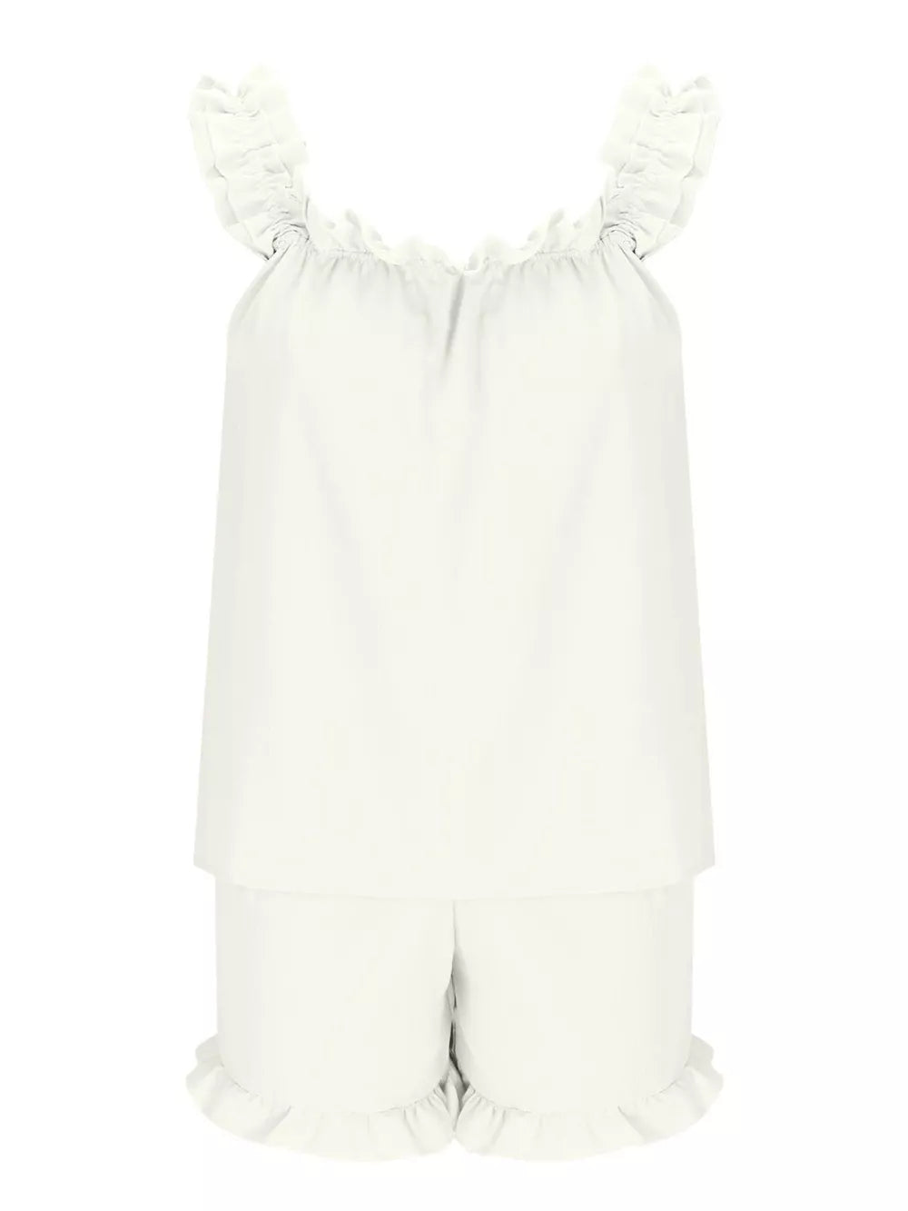 White ruffled pajama set with cami and shorts