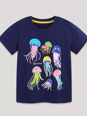 Navy cotton crew neck t-shirt with colorful jellyfish graphic print