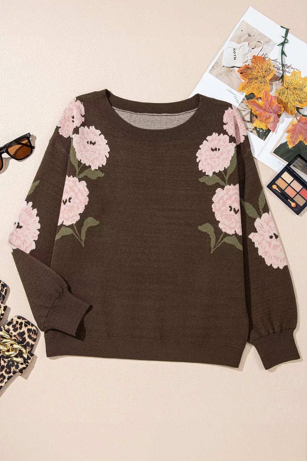 Floral Print Drop Shoulder Relaxed Sweater in Dark Brown, alternate angle