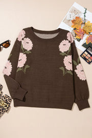 Floral Print Drop Shoulder Relaxed Sweater in Dark Brown, alternate angle
