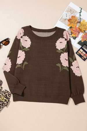 Floral Print Drop Shoulder Relaxed Sweater in Dark Brown, alternate angle
