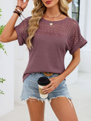 Waffle knit t-shirt in mauve with short sleeves and eyelet detail on the yoke and sleeves.