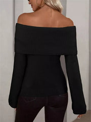 Black off-shoulder ribbed knit sweater with long sleeves