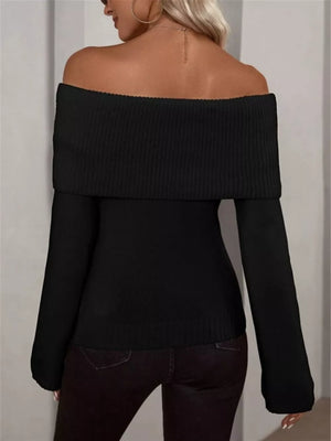 Black off-shoulder ribbed knit sweater with long sleeves