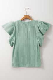 Textured cable knit top in Gum Leaf with flutter sleeves and crew neck.