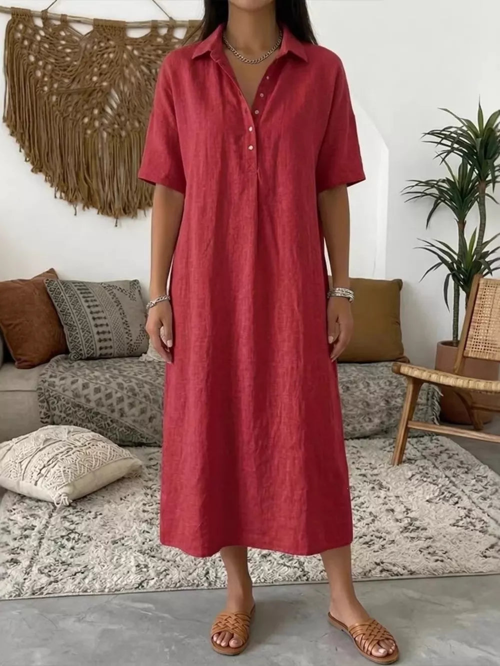 Full Size Button Detail Half Sleeve Dress Plus Size, fabric detail