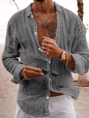 Gray relaxed fit linen button-front shirt with long sleeves and a collar.