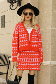 Argyle knit cardigan and mini skirt set in red with pink diamonds, buttoned V-neck cardigan