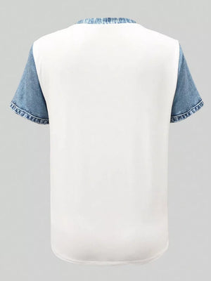 White short sleeve shirt with light blue denim sleeves and collar detail
