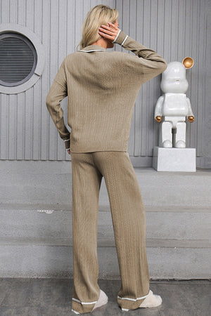 Mocha ribbed knit loungewear set with contrast trim collar and cuffs.