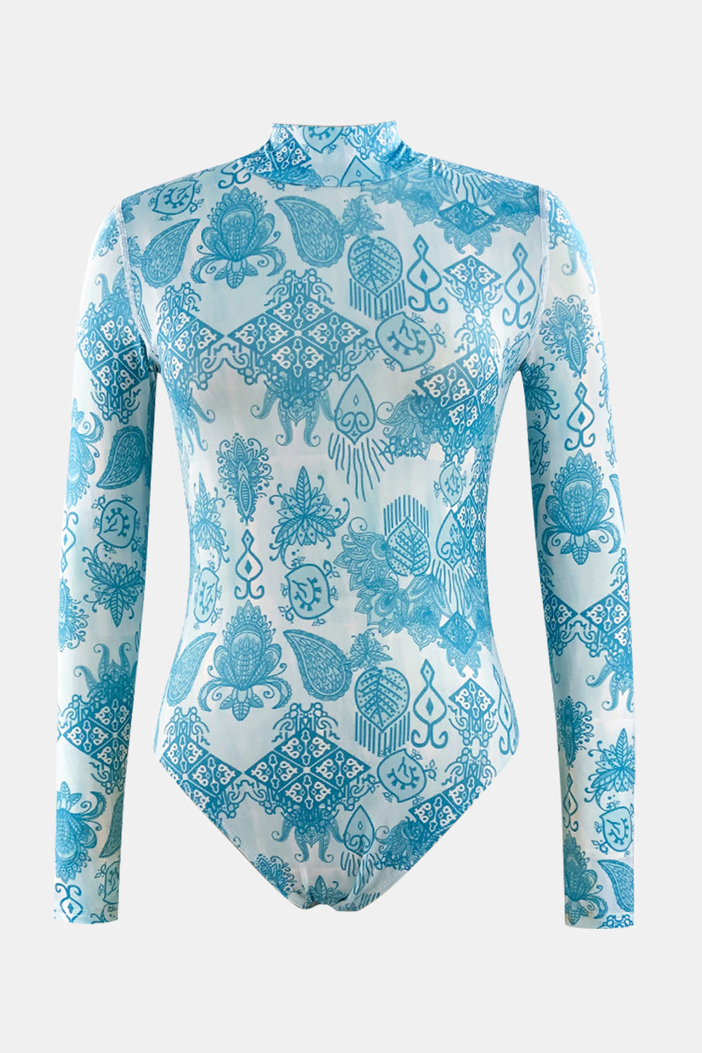 Geometric print high-neck long sleeve one-piece swimsuit in light blue