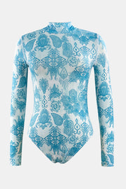 Geometric print high-neck long sleeve one-piece swimsuit in light blue