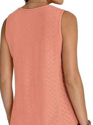 Sleeveless eyelet V-neck tank top in watermelon pink with a diamond pattern.