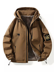 Brown hooded utility jacket with plush lining, drawstring hood, and chest pockets.