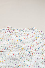 White confetti knit sweater with distressed neckline detail