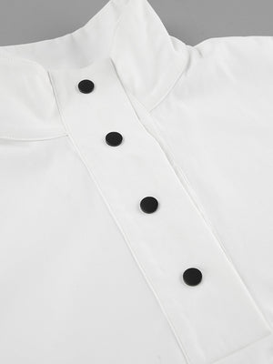 White two-piece set with snap button details and a high neckline.