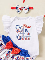 White baby outfit with "My First 4th of July" print, ruffled sleeves, and patriotic skirt.