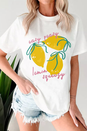 White polyester t-shirt with a graphic of three yellow lemons and the text easy peasy lemon squeezy.