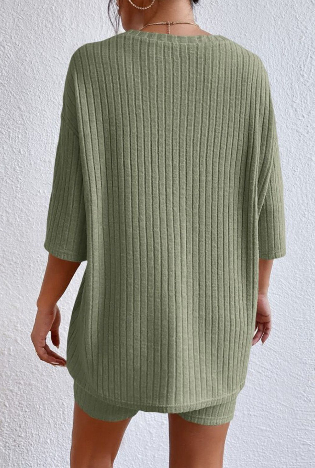 Sage ribbed tee and shorts set with a relaxed fit and short sleeves.
