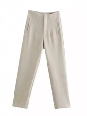 Light beige high-waisted straight-leg pants with front pleats and pocket details.