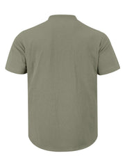 Military green short sleeve henley shirt with band collar