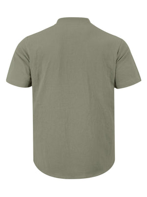 Military green short sleeve henley shirt with band collar