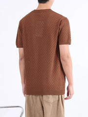Men's coffee diamond knit short sleeve tee with a crew neck.
