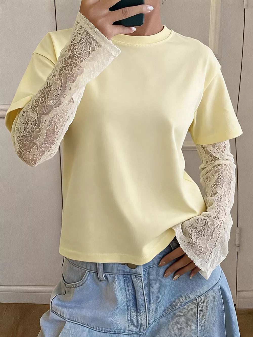 Lace Sleeve Round Neck T-shirt in Yellow, side view
