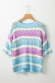 Striped openwork knit top with short sleeves in lavender, blue, and white.