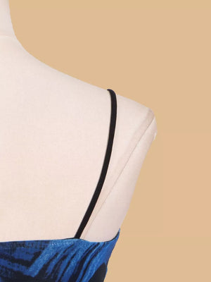 Blue abstract print spaghetti strap dress with mesh detail