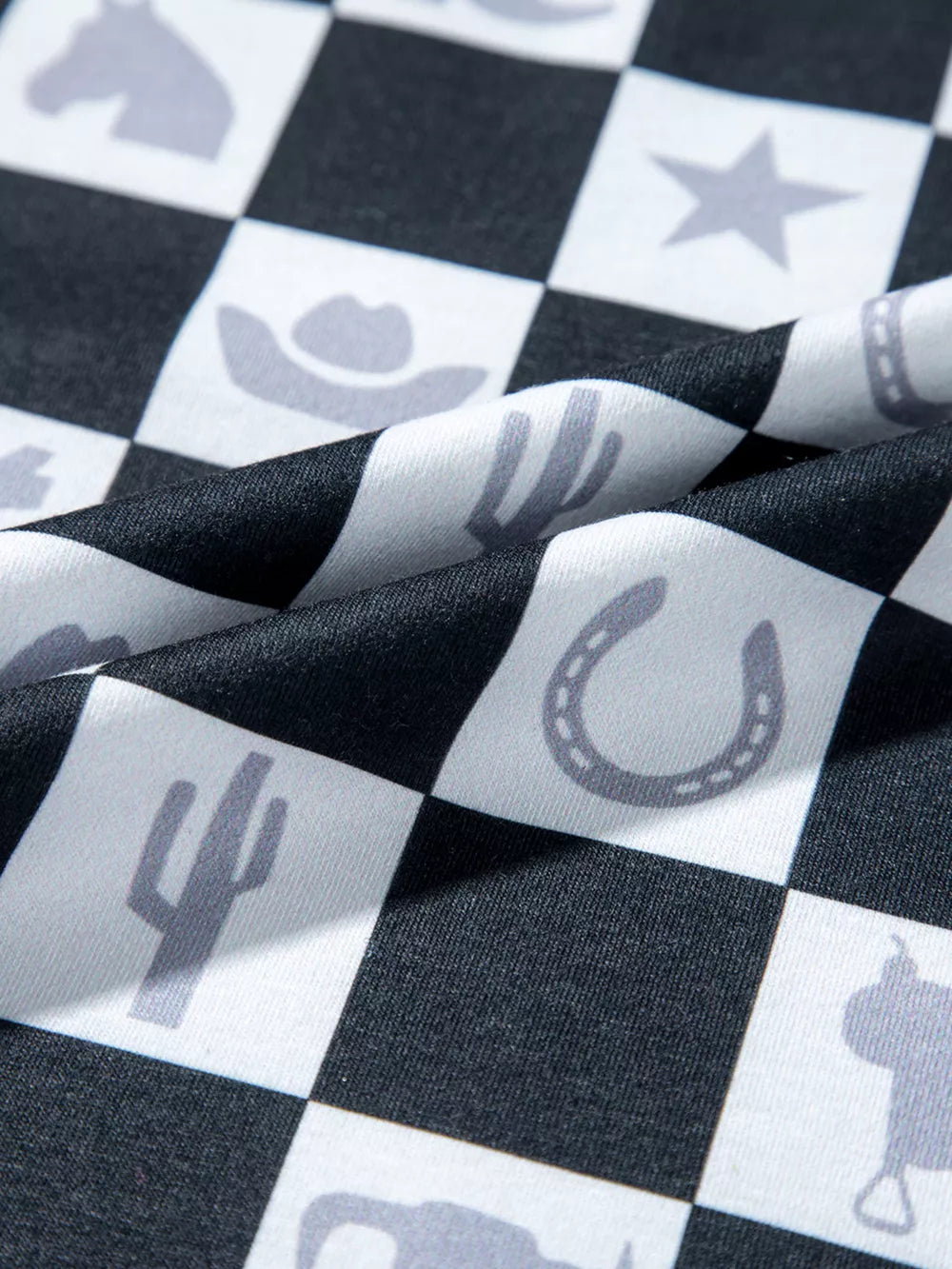 Western Checkerboard Print Side Split T-shirt in Black, view 11