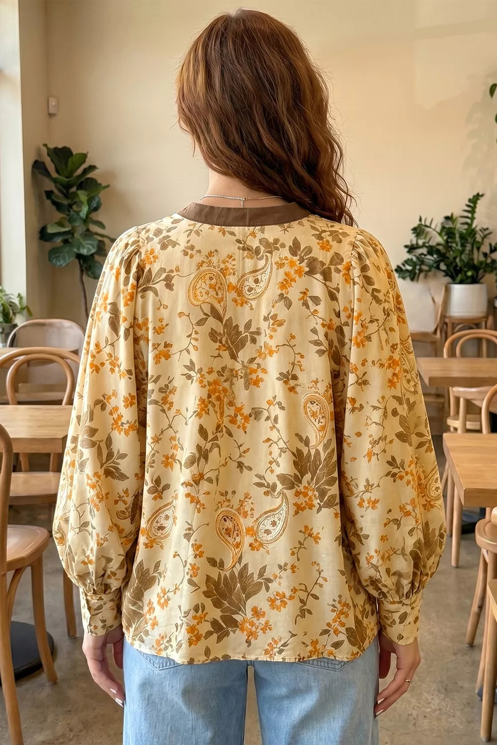 Paisley Print Tie Neck Long Sleeve Top in Tan, side view