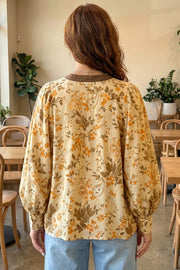 Paisley Print Tie Neck Long Sleeve Top in Tan, side view