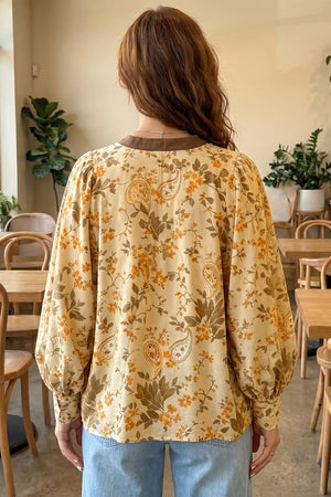 Paisley Print Tie Neck Long Sleeve Top in Tan, side view