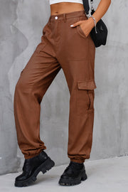 Brown utility cargo trousers with elasticated cuffs and multiple pockets.