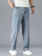 Light blue cotton straight leg jeans with a classic fit.