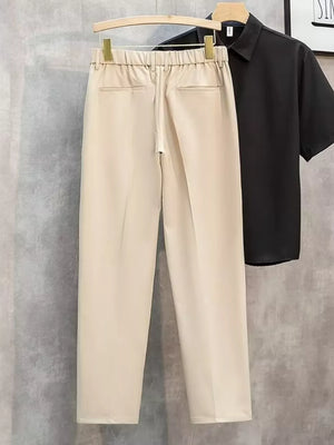 Men's Khaki straight-leg cargo pants with elastic waistband and back pockets.