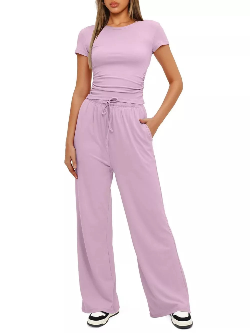 Ruched Short-sleeve Pants in Khaki Color, alternate angle