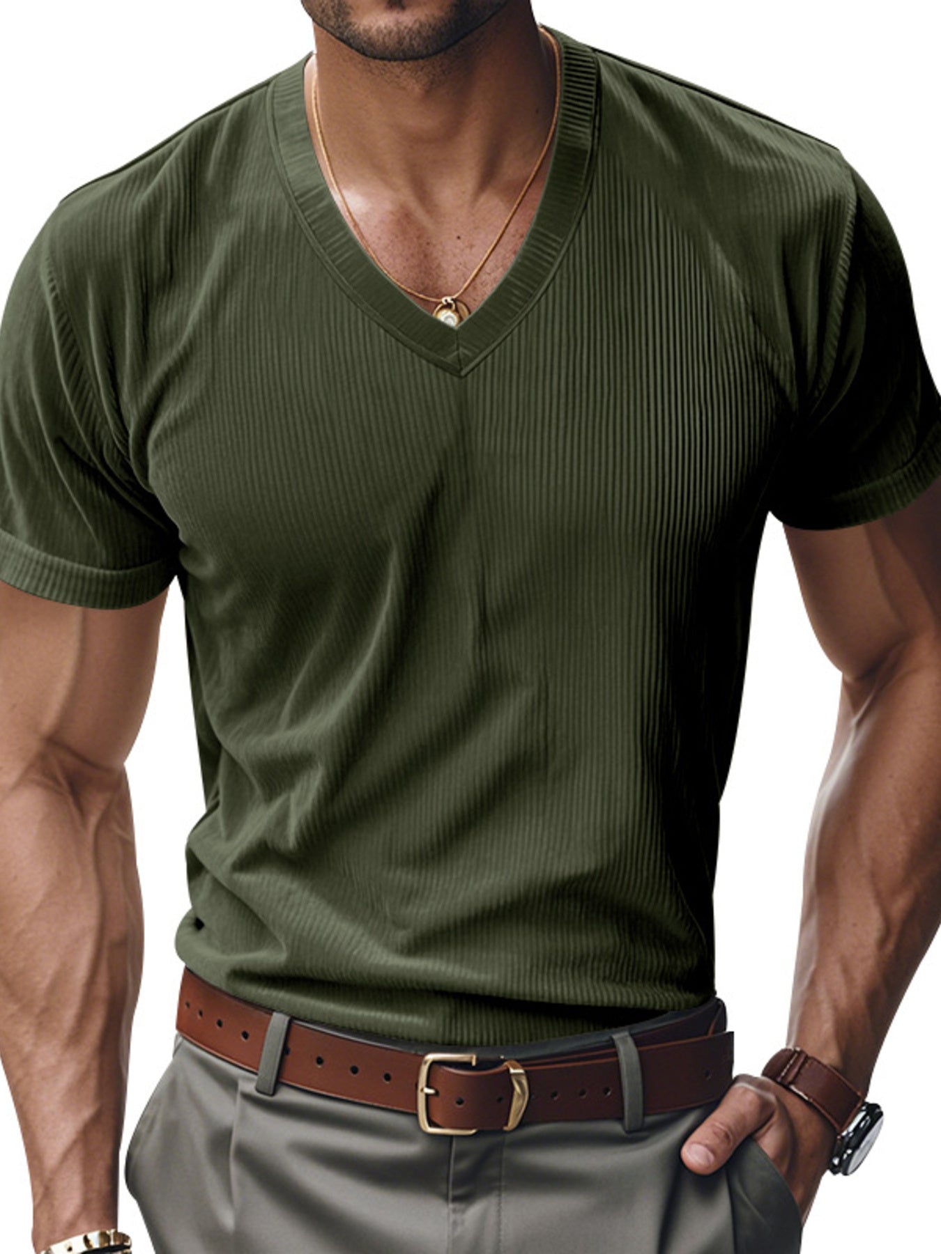 Military green ribbed V-neck t-shirt with short sleeves.