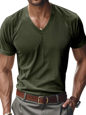 Military green ribbed V-neck t-shirt with short sleeves.